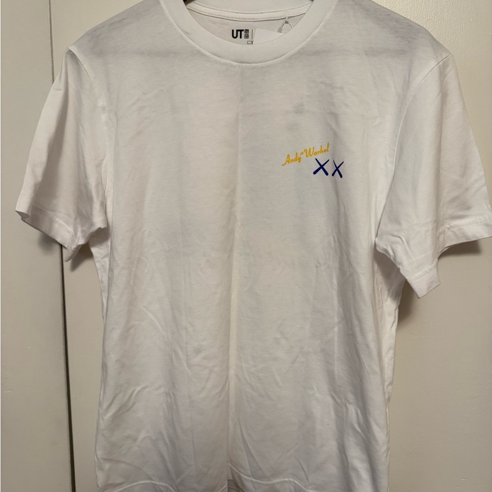 Uniqlo White Graphic Tee with Blue and Yellow Accents